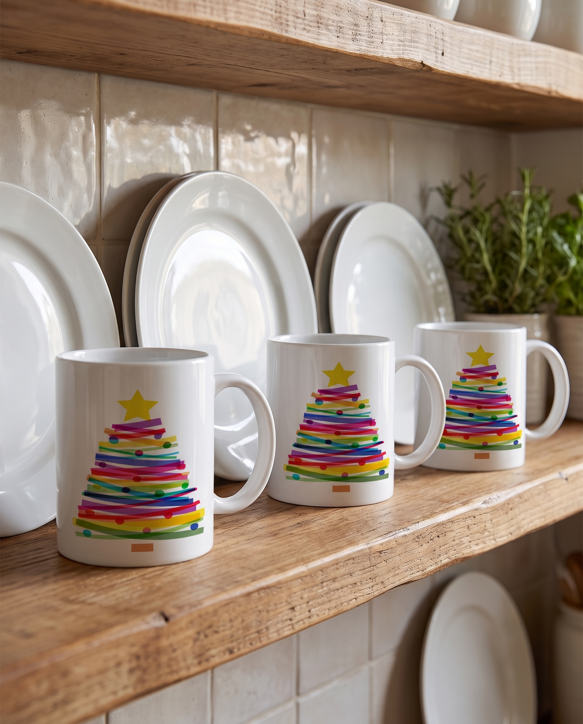 Three mugs lined along a shelf