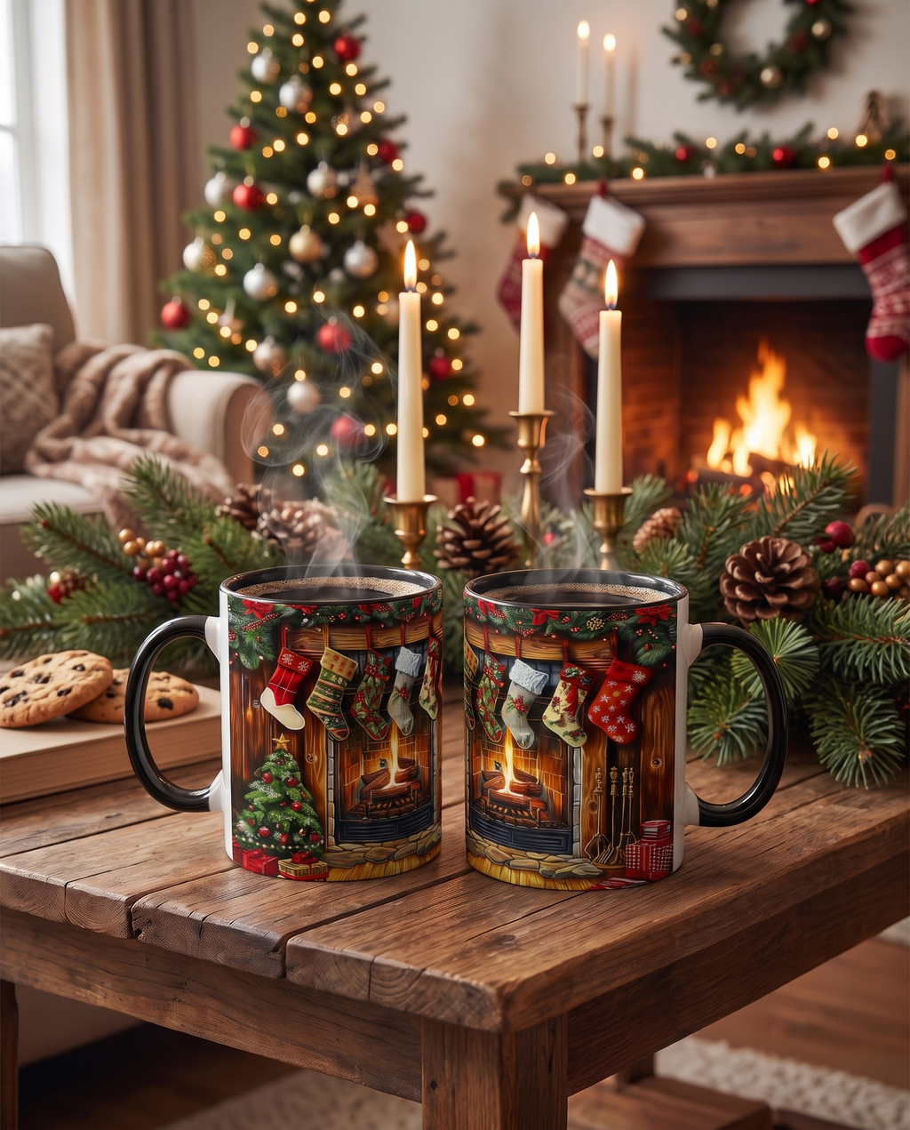 Two mugs showing both sides of the artwork